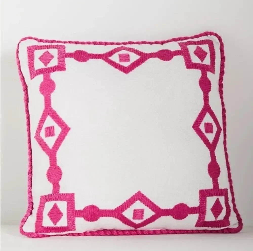 NNWT Pink/White Anthropologie Greek Key Embroidered Indoor/Outdoor Pillow $78